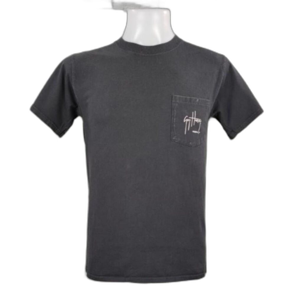 Vintage Guy Harvey Black 100% Cotton T-Shirt Large Shark Print Front Pocket Sz M